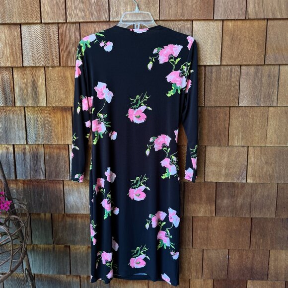 EUC Anne Klein Black Floral Print Stretch Knit Faux Wrap Dress in Women's Large - Picture 6 of 8